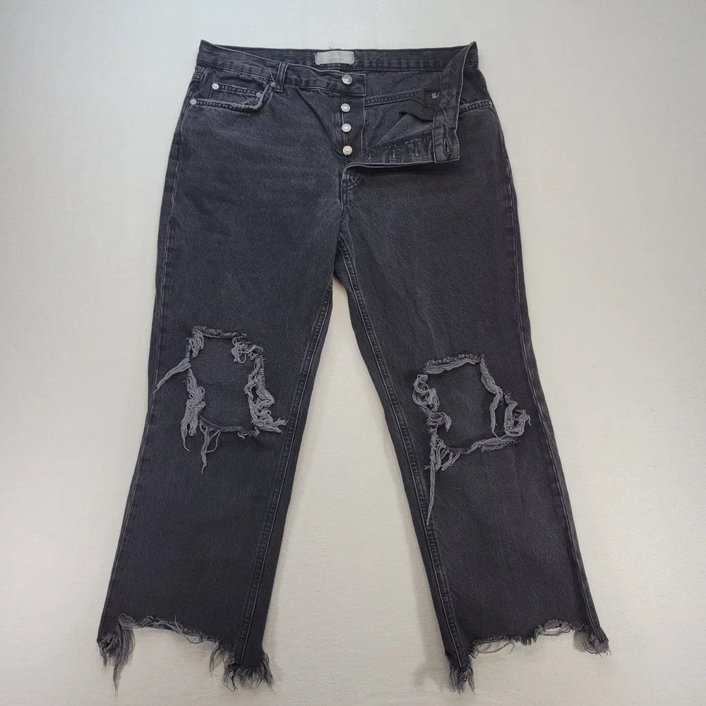 Free People Jeans Women 31 Black Straight Ankle Fray Button Fly Distressed Denim